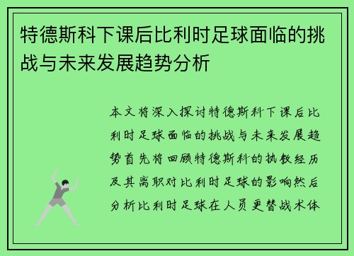 特德斯科下课后比利时足球面临的挑战与未来发展趋势分析 特德斯科下课后比利时足球面临的挑战与未来发展趋势分析