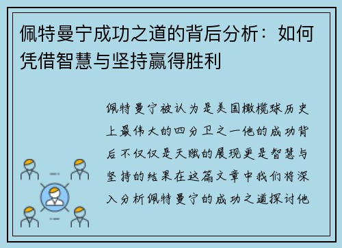 佩特曼宁成功之道的背后分析:如何凭借智慧与坚持赢得胜利 佩特曼宁成功之道的背后分析:如何凭借智慧与坚持赢得胜利